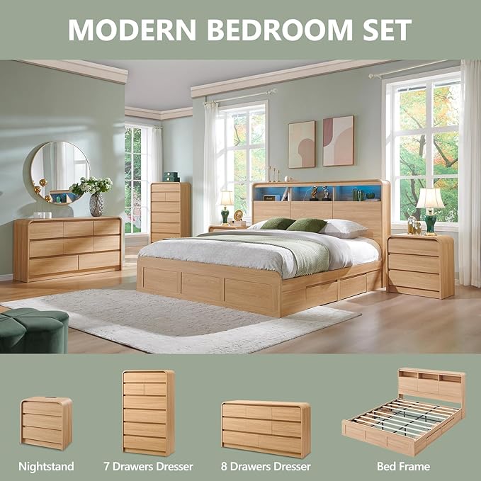Modern 7 Drawers Dresser for Bedroom, 55" Tall Dressers & Chest of Drawers w/Curved Profile Design, Wood Mid Century Vertical Storage Dressers Organizer for Bedroom, Living Room, Natural Oak