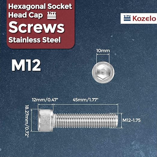 Kozelo 6pcs Socket Head Cap Screws - [M12-1.75 x 45mm] 304 Stainless Steel Allen Socket Drive for Electrical Motor 3D Printing Fan Engine Replacement Use, Silver