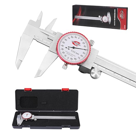 Standard Gage Metric Dial Caliper Measuring Tool 0-150mm Range, Analog Precision Caliper ±0.02mm Accuracy, Manual Mechanical Metal Stainless Steel Measuring Dial with 4-Way Measurements