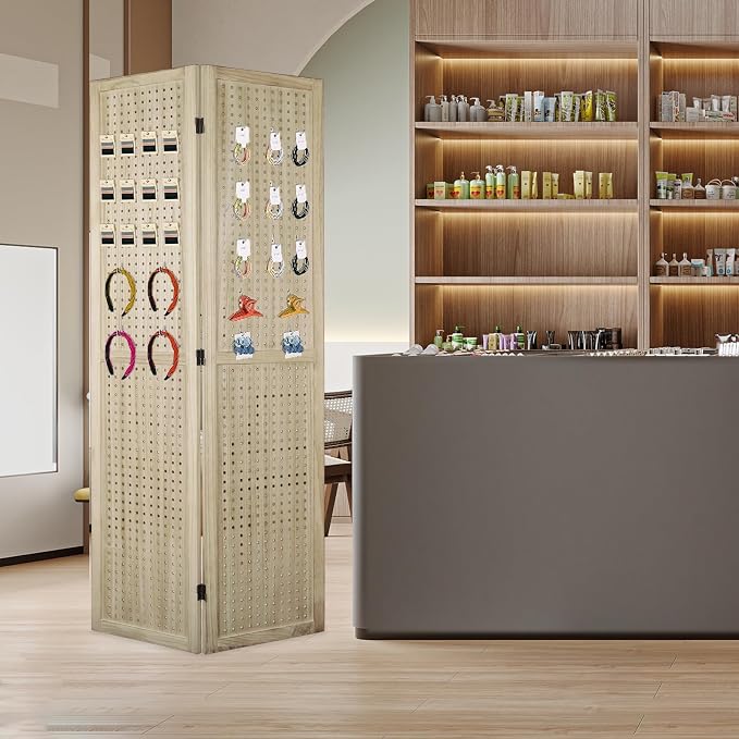 6 Panel Pegboard Room Divider | Natural Wood Folding Privacy Screen - Image 3