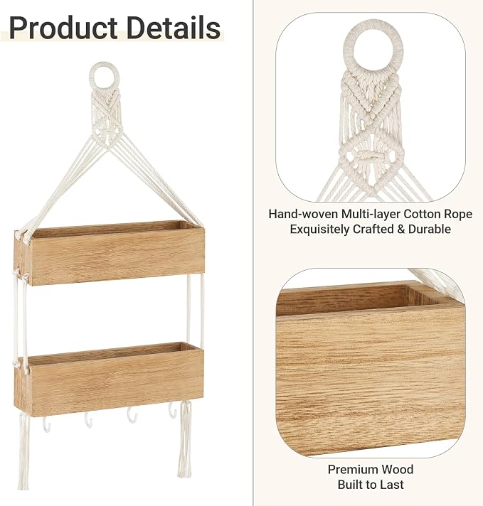 Mkono Macrame Wall Hanging Bedside Shelf Organizer Teen Girls Room Decor | Boho - Image 5