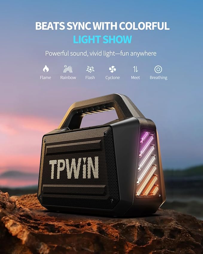 TPWIN Bluetooth Speaker - 80W Loud Rugged Outdoor Speakers, IPX6 Waterproof, 20H Playtime, Deep Bass, Lightshow, TWS, BT 5.3 Wireless, Portable for Travel Hiking Camping Beach Pool - Black