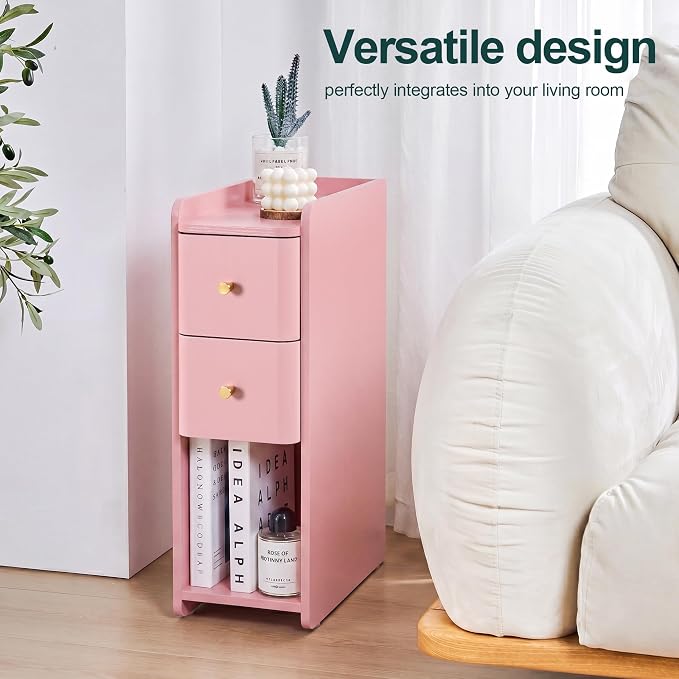 Narrow Nightstand Set of 2, Wooden Small 2 Drawer Nightstand, Slim Side End - Image 4