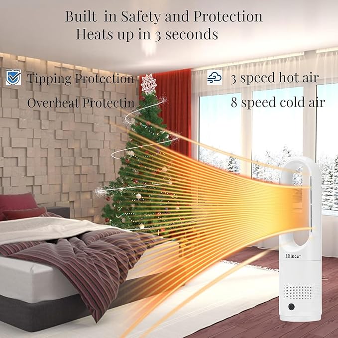 Hiluce All Season Bladeless Fan, 1400W Space Heater & 40W Tower Fan Combo with Remote,25dB Quiet Heater Fan Combo for Indoor Use,Tip Over and Overheat Protection 80°Oscillation,8Levels, 9H Timer,22"