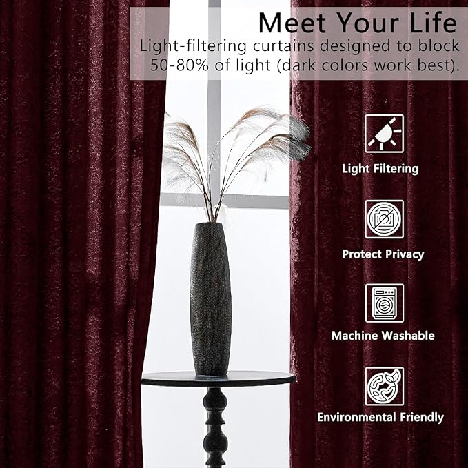 SMILETIME Burgundy Red Crushed Velvet Curtains 52x96 inch Luxurious Thermal Insulated Soundproof Drapes for Living Room Bedroom Office Soft and Durable Light-Filtering Window Treatments, 2 Panels