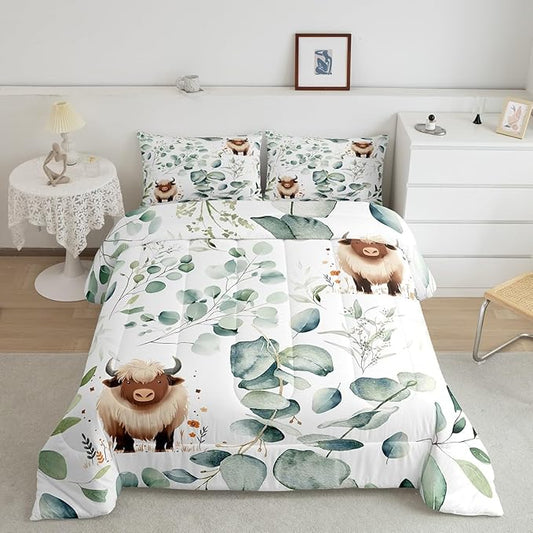 Erosebridal Boys Cartoon Animal Queen Bedding Sets for Kids Toddler Kawaii Cow Comforter Set, Highland Cattle Bull Down Comforter Western Cowboy Bedding Comforter Sets, Green Eucalyptus Duvet Insert