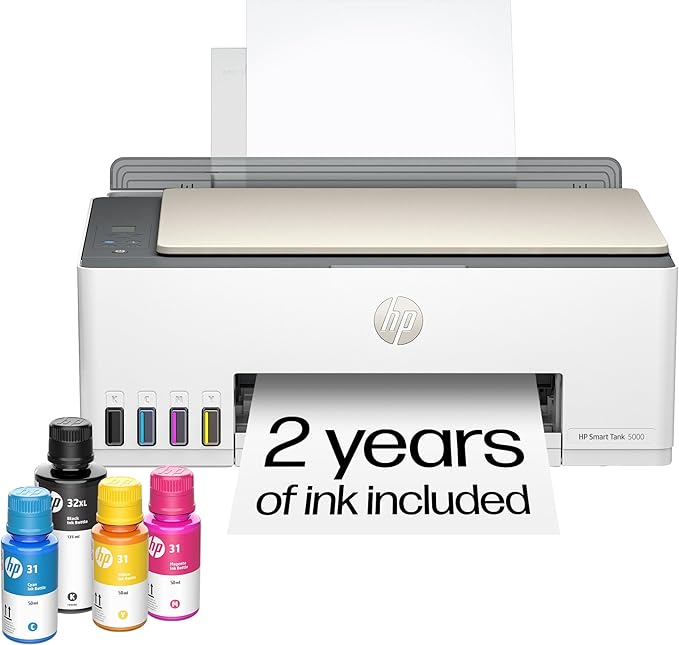HP Smart Tank 5000 Wireless All-in-One Ink Tank Printer, Scanner, Copier with 2 Years of Ink Included, Best-for-Home, Cartridge-Free, Refillable, AI-Enabled (5D1B6A)