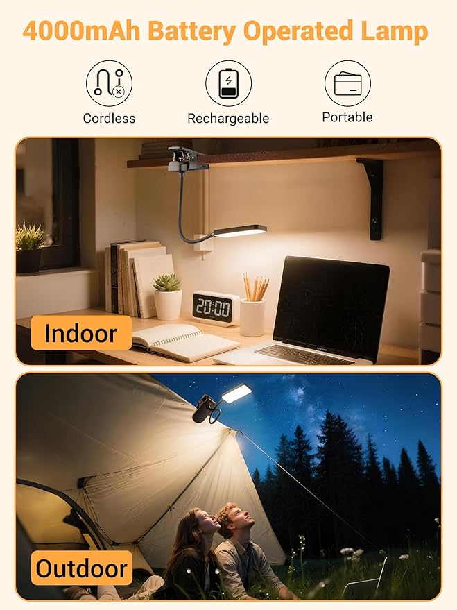 Clip on Light, 9 Brightness+5 Color Rechargeable Lamp, 48 LED Small Desk Lamp | - Image 3