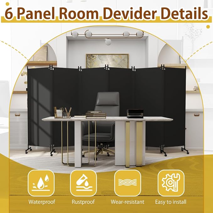 6 Panel Room Divider with Lockable Wheels, Freestanding Partition Room - Image 4