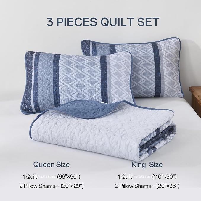 Dinjoy Boho Queen Quilt Set, Striped Bedspread Queen Size, Mineral Blue | 3 - Image 6