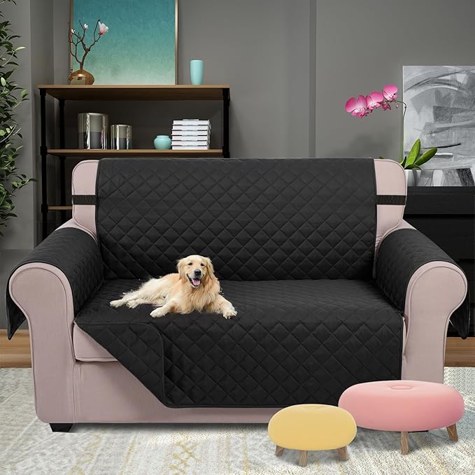 U-NICE HOME Loveseat Sofa Cover Reversible Couch Covers for 2 Cushion Couch for Dogs Furniture Protector Cover with Elastic Straps Water Resistant(Loveseat Small, Black/Black)