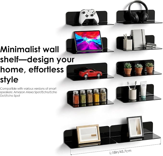 OAPRIRE Acrylic Floating Wall Shelves Black, No Drill, 9 Inch 2 Pack | Strong - Image 7