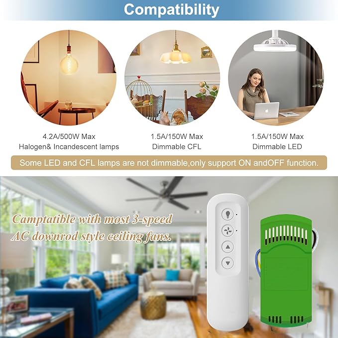 99770 Ceiling Fan Remote Control Kit Replacement for Hampton Bay Harbor Breeze 99770 99813 99815 99384 99772 99122 99123 99600,3-Speed and Light Dimmer with Wall Mount