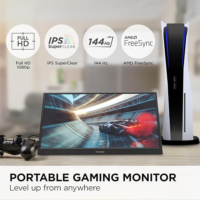 ViewSonic VX1754 17 Inch 1080p IPS Portable Gaming Monitor with 144Hz, AMD FreeSync, 2 Way Powered 60W USB C, Mini HDMI, and Built-in Stand with Protective Cover