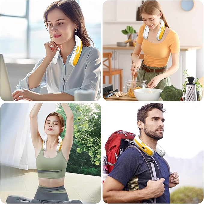 WXX Portable Neck Fan, 6000mAh Battery Neck Fan Rechargeable, 360° Cooling Personal Fan, 3 Speeds Foldable Quiet Wearable Fan for Travel Outdoor Indoor, Birthday Gifts for Men Women-White&Yellow
