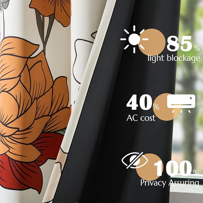 jinchan Beige Boho Floral Blackout Curtains 84 Inch Grommet 4 Panels | Room - Image 4
