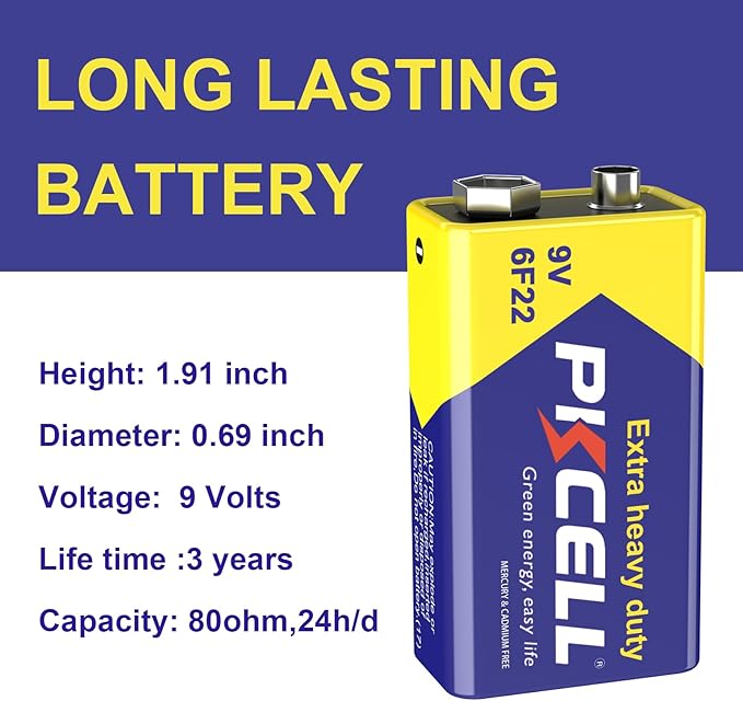 PKCELL 9V Batteries, 2 Pack 9 Volt Batteries Carbon Zinc, 9V Battery for Smoke Detector, Alarms, 6F22 Square Battery