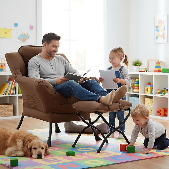 Welnow Lazy Chair with Ottoman, Reading Chair with Footrest, Dark Brown | A - Image 2