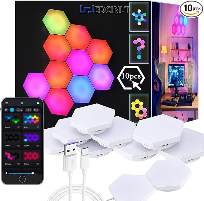 HEDCINLT Smart Hexagon Lights DIY Hexagon Led Light App & Remote Controlled & Music Sync Features USB & Type C Modern RGB Wall Panels for Living & Gaming Decor (10Pack)