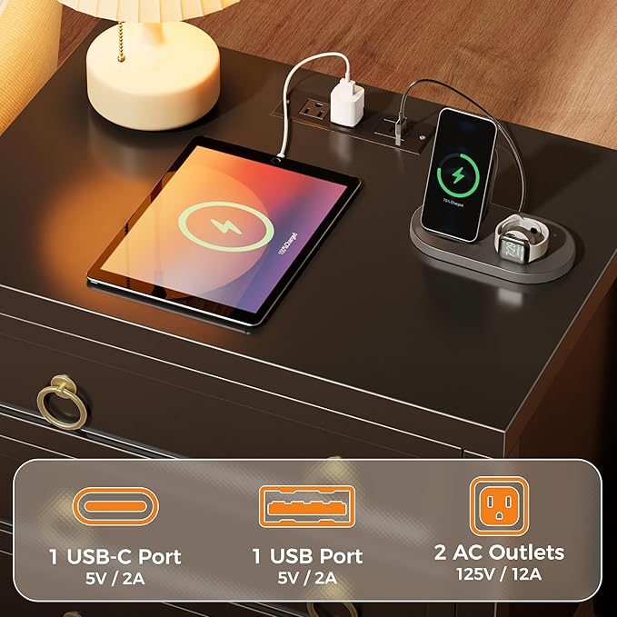 Huuger Night Stand with Charger Station and USB-C Port, 3 Drawer Nightstand | - Image 3