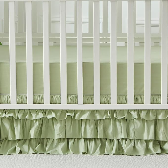 Brandream Crib Skirt Triple Layer Cotton Nursery Bed Skirt for Baby Girls Boys Toddler Bedskirt Solid Color Light Green Dust Ruffle Gender Neutral Farmhouse Chic Boho Bohemian Skirt