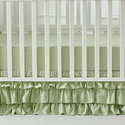 Brandream Crib Skirt Triple Layer Cotton Nursery Bed Skirt for Baby Girls Boys Toddler Bedskirt Solid Color Light Green Dust Ruffle Gender Neutral Farmhouse Chic Boho Bohemian Skirt
