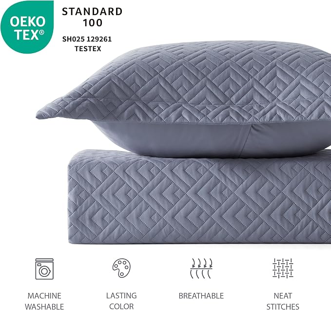 EXQ Home King Size Quilt Set Squares Pattern Bedding Set Bluish Grey | Soft - Image 4
