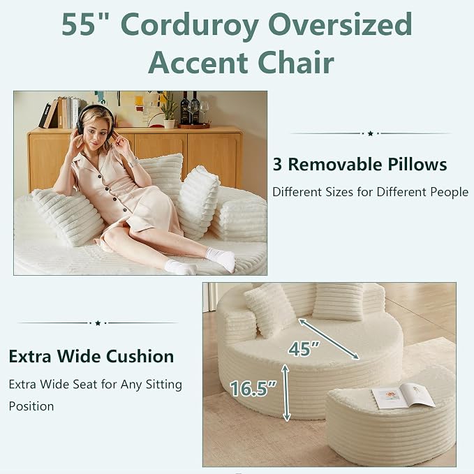 55'' Oversized Round Chair Lounge Chaise Indoor - Image 4
