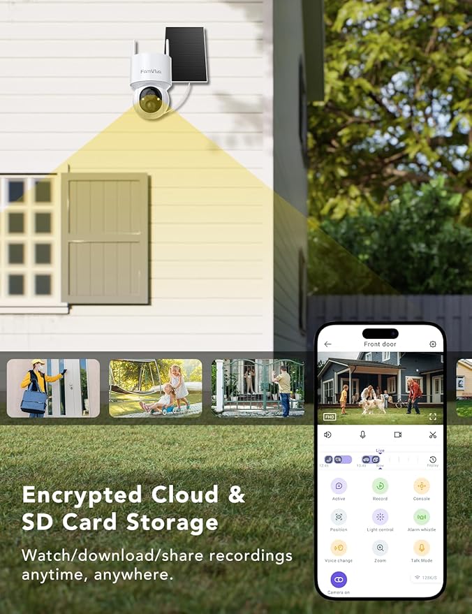 FAMVIVA 2K Solar Security Cameras Wireless Outdoor, 360°PTZ Battery Powered Cameras for Home Security, 2.4G WiFi Outdoor Camera with Color Night Vision, IP66 Waterproof, Motion Sensor Alarm, White-4P
