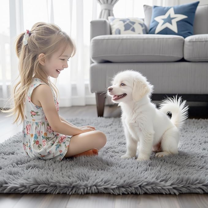 5x8 Light Grey Shag Area Rug for Living Room, Fluffy Plush Carpet | Non-Slip - Image 3