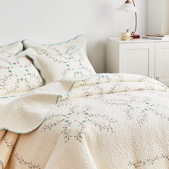 ROOMLIFE Quilt Set Queen Size 3D Floral Embroidery Pattern 3-Piece Cotton | - Image 3