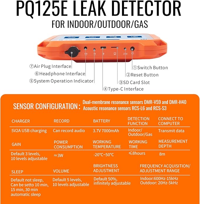PQWT Underground Water Leak Detectors PQ125E All Scenario and Gas Wall Pipe Water Leakage Detection with Touchscreen Earphone and Carrying Case Multi Sensor Acoustic Pipeline Sound Intensifier