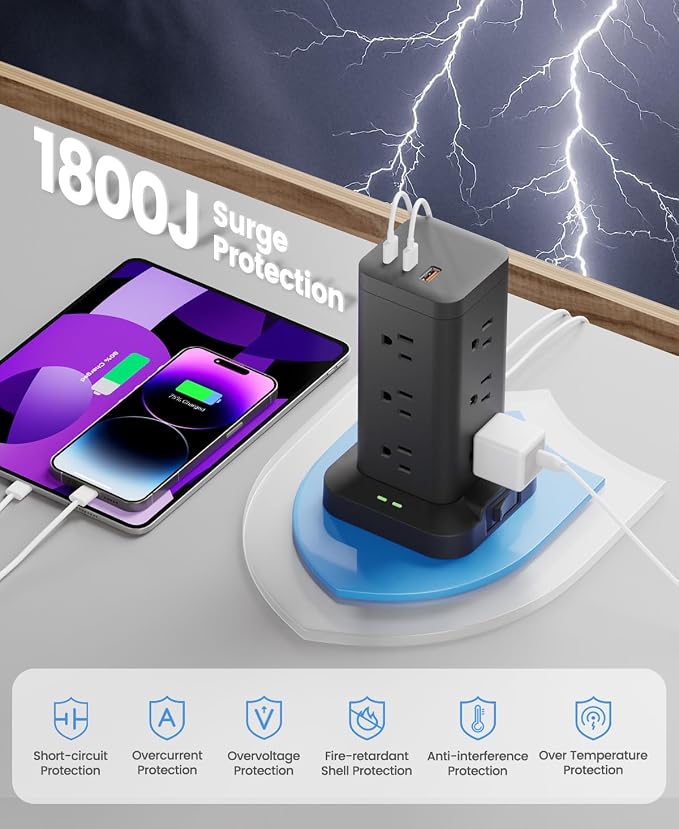 Power Strip Tower with Surge Protector 1800J, Fast Charging Tower PD20W USB-C - Image 4