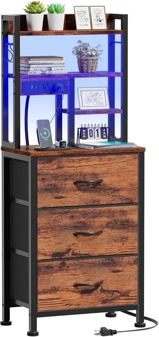 Tall Nightstand, 45.3" Bedside Table & End Table, 3 Fabric Drawers | RGB LED by Furnulem