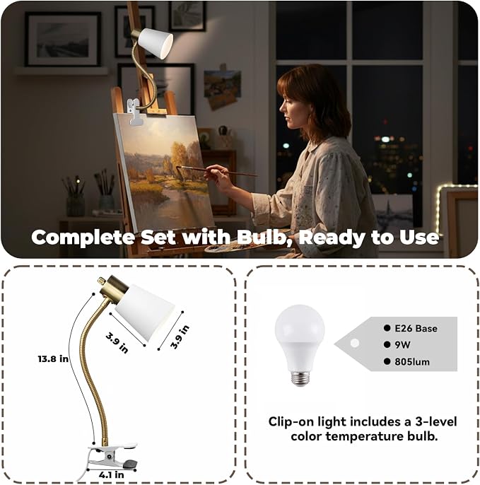Desk lamp Eye-Caring Table Lamps, 360°Rotation Gooseneck Clip on Lamp Reading - Image 7