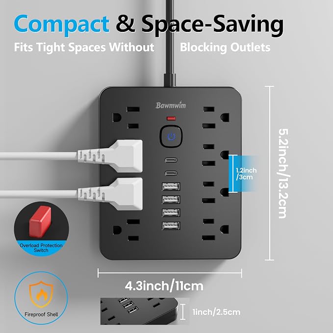 Surge Protector Power Strip, 8 Outlets, 6 USB Charging Ports, 6FT Flat Plug - Image 4