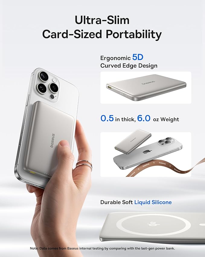 Baseus Picogo Magsafe Portable Charger, Qi2 Certified 0.5" Ultra Slim 15W Wireless Power Bank, 10000mAh 27W Fast Charging Magnetic Battery Pack with USB-C for iPhone 17/16/15/14/13/12 Series Only