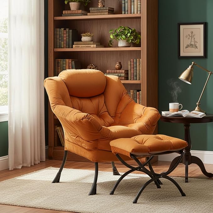 Welnow Orange Lazy Chair with Ottoman, Reading Chair with Footrest | A Side - Image 2