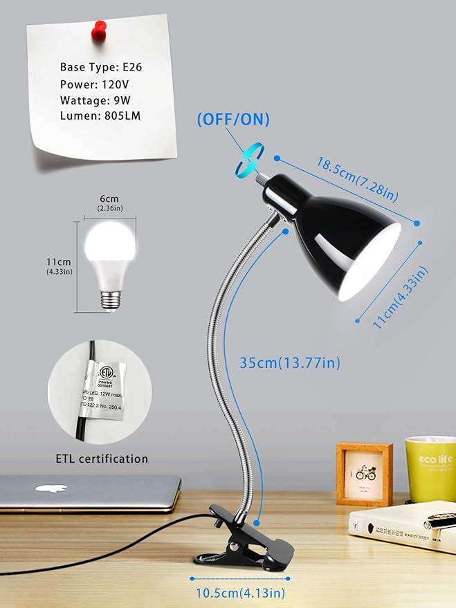 Desk lamp Eye-Caring Table Lamps, 360°Rotation Gooseneck Clip on Lamp Reading - Image 6