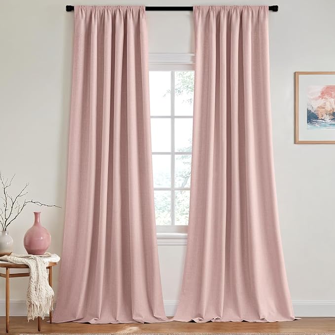 MIULEE 100% Blackout Back Tab Pleat Linen Curtains 50" Wx72 L, Light Pink | 2 by MIULEE