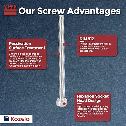 Kozelo 10pcs Socket Head Cap Screws - [M2.5-0.45 x 50mm] 304 Stainless Steel Allen Socket Drive for Electrical Motor 3D Printing Fan Engine Replacement Use, Silver