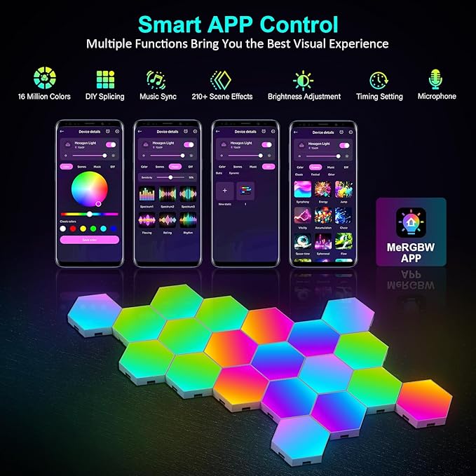 JIMIMORO 20-Pack Hexagon Light Panels – Smart RGB LED Wall Lights with App & Remote – Music Sync Gaming Lights for Gamers, Game Room Decor, Gaming Equipment, Living Room, Bedroom, Kids & Adults