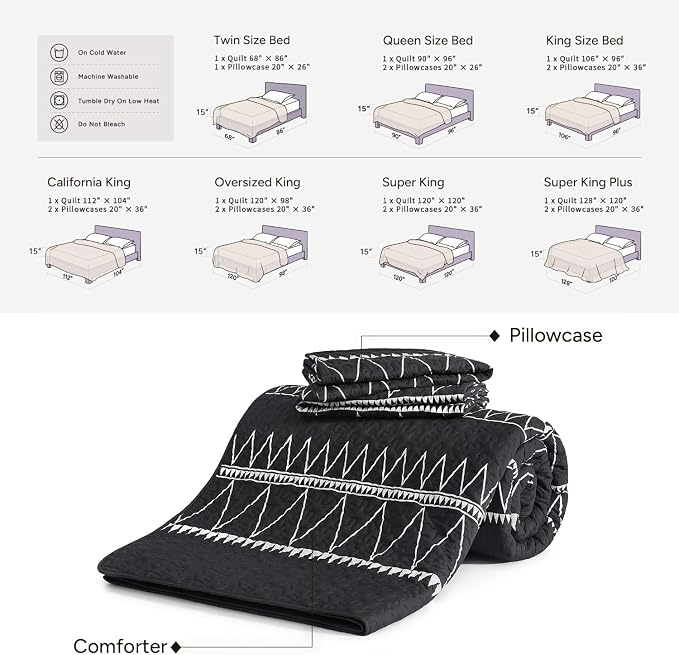 Black King Size Quilt Set, 3 Pieces Boho Striped Bedspread | Soft Lightweight - Image 6