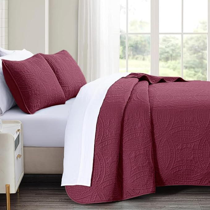 akkialla Burgundy Twin Quilt Set, Ultrasonic Lightweight Bedspread Coverlet - Image 4
