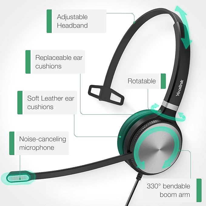 Yealink UH36 Professional USB Headset Wired Headphones for Work Calls and Music, Headset with Noise Cancelling Mic for Computer PC Laptop（UC Compatible, Mono,3.5mm Jack/USB Connection）