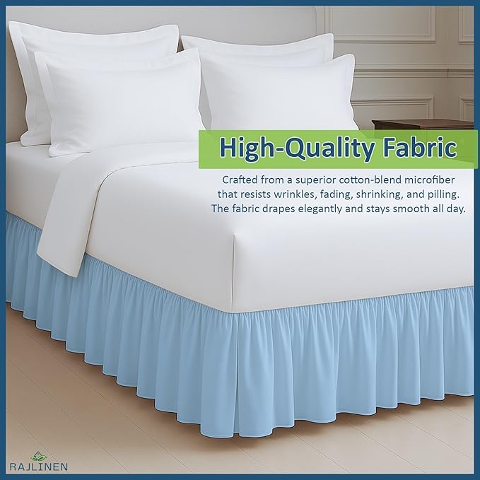 Rajlinen Ruffled Bed Skirt California King, 18 Inch Drop Dust Ruffle with Split Corners, 100% Microfiber Bedskirt with Platform, Three-Sided Coverage Ruffled Gathering Design, Light Blue