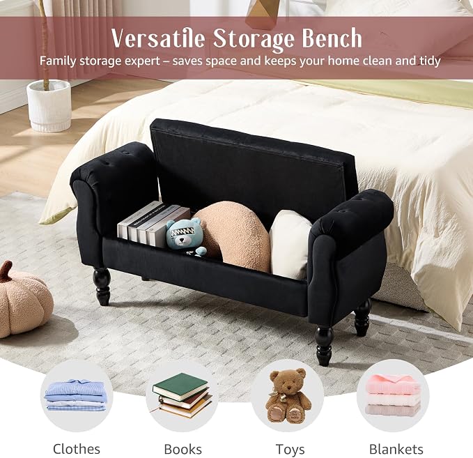 47.6" Storage Bench for End of Bed Bedroom, Velvet Ottoman Bench - Image 3