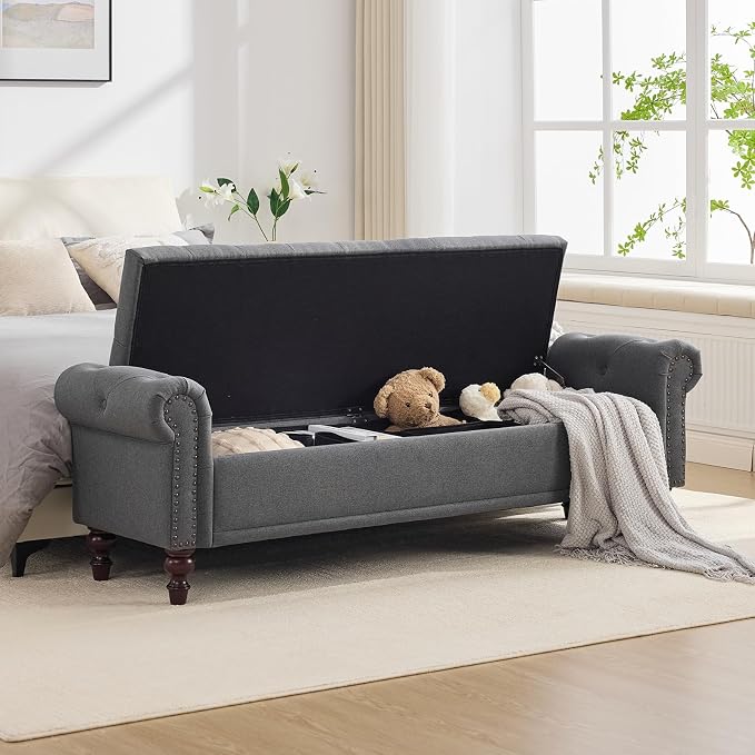 SOFTHION 67" Storage Bench for Bedroom, Linen Upholstered, Dark Grey | King by SofthionDesign