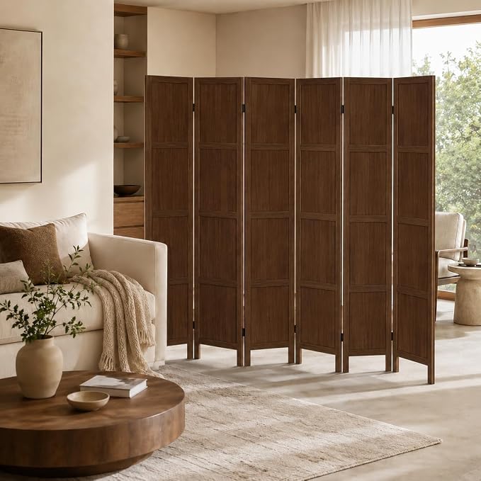 6 Panel Solid Wood Room Divider Folding Privacy Screen Brown | Freestanding - Image 7