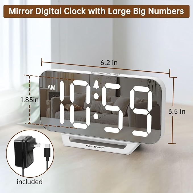 Peakeep Slim Digital Mirror Aesthetic Alarm Clock - Image 2